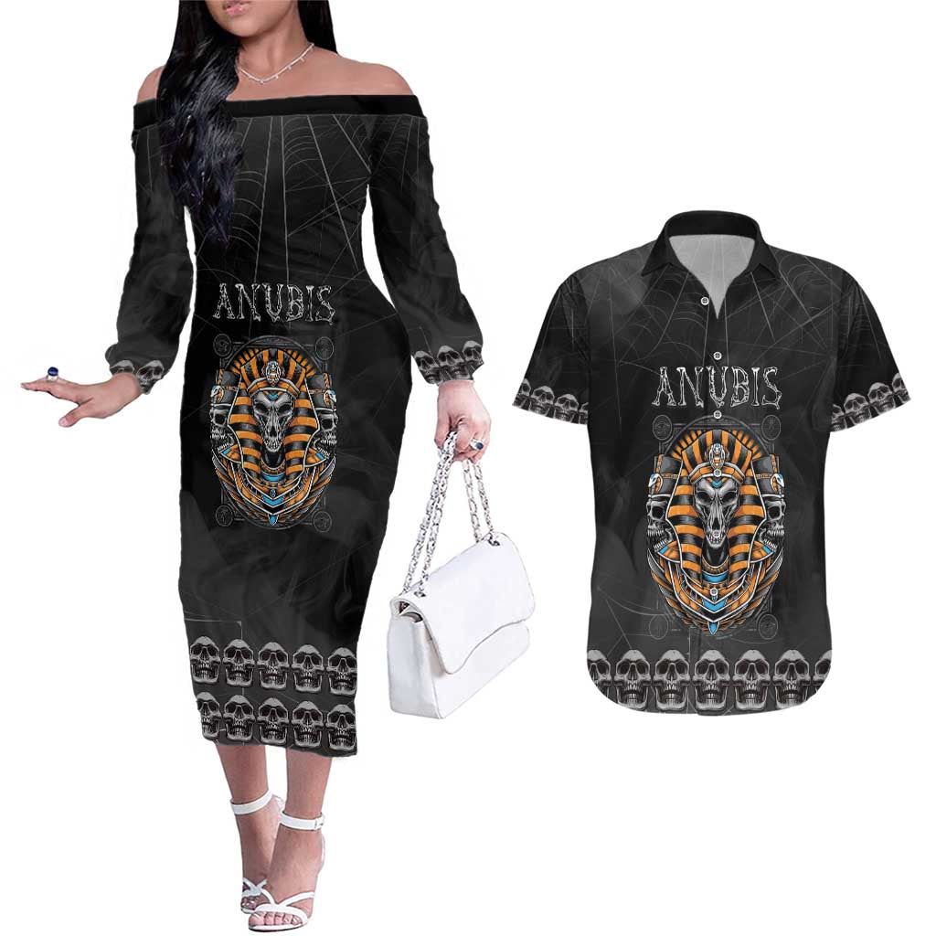 Personalized Halloween Egypt Couples Matching Off The Shoulder Long Sleeve Dress and Hawaiian Shirt Skull Anubis - Wonder Print Shop