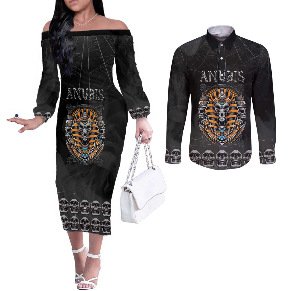 Personalized Halloween Egypt Couples Matching Off The Shoulder Long Sleeve Dress and Long Sleeve Button Shirt Skull Anubis - Wonder Print Shop