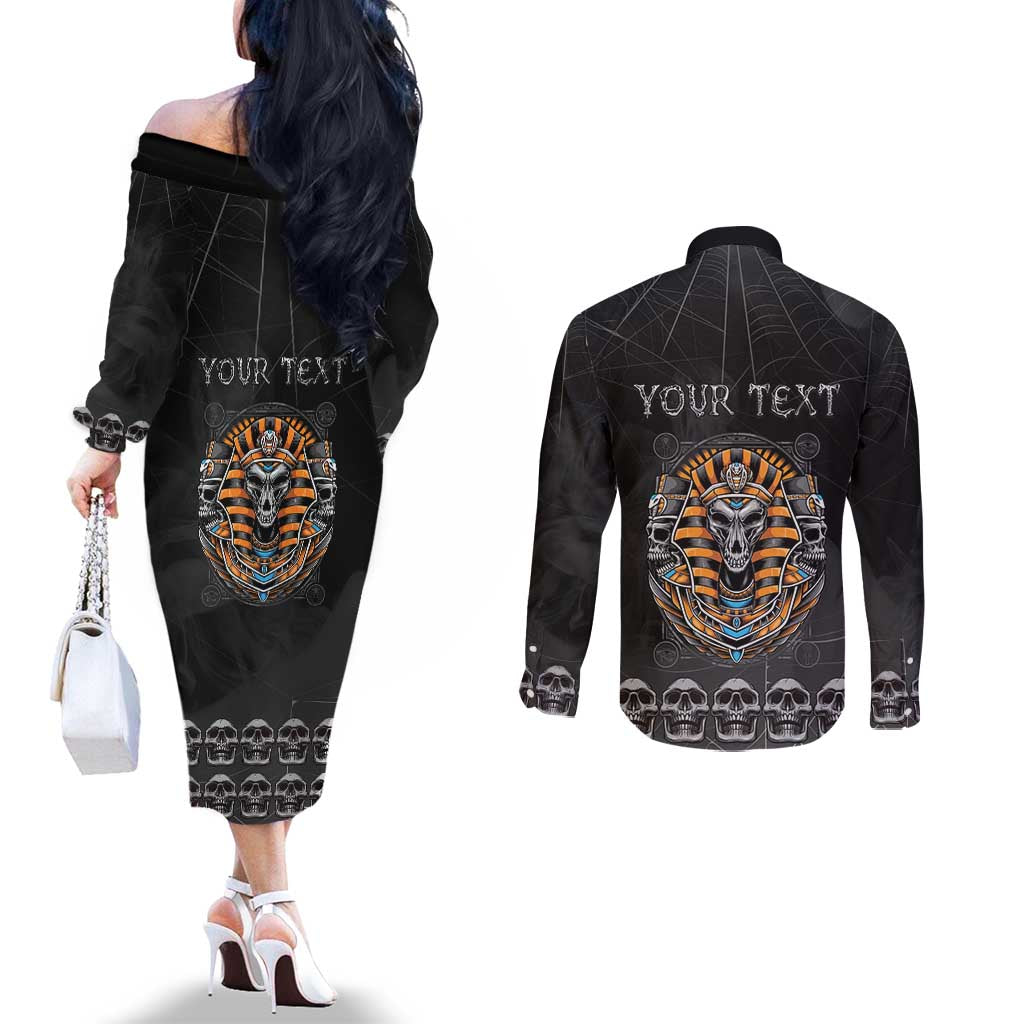 Personalized Halloween Egypt Couples Matching Off The Shoulder Long Sleeve Dress and Long Sleeve Button Shirt Skull Anubis - Wonder Print Shop