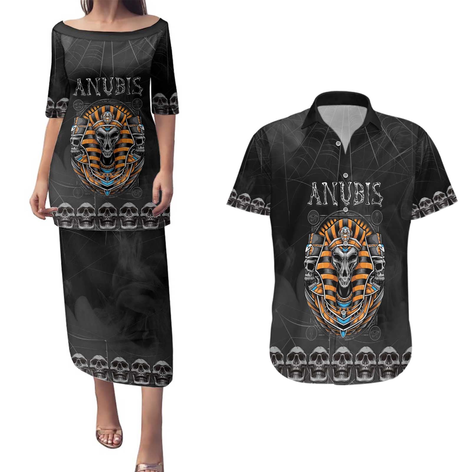 Personalized Halloween Egypt Couples Matching Puletasi and Hawaiian Shirt Skull Anubis - Wonder Print Shop