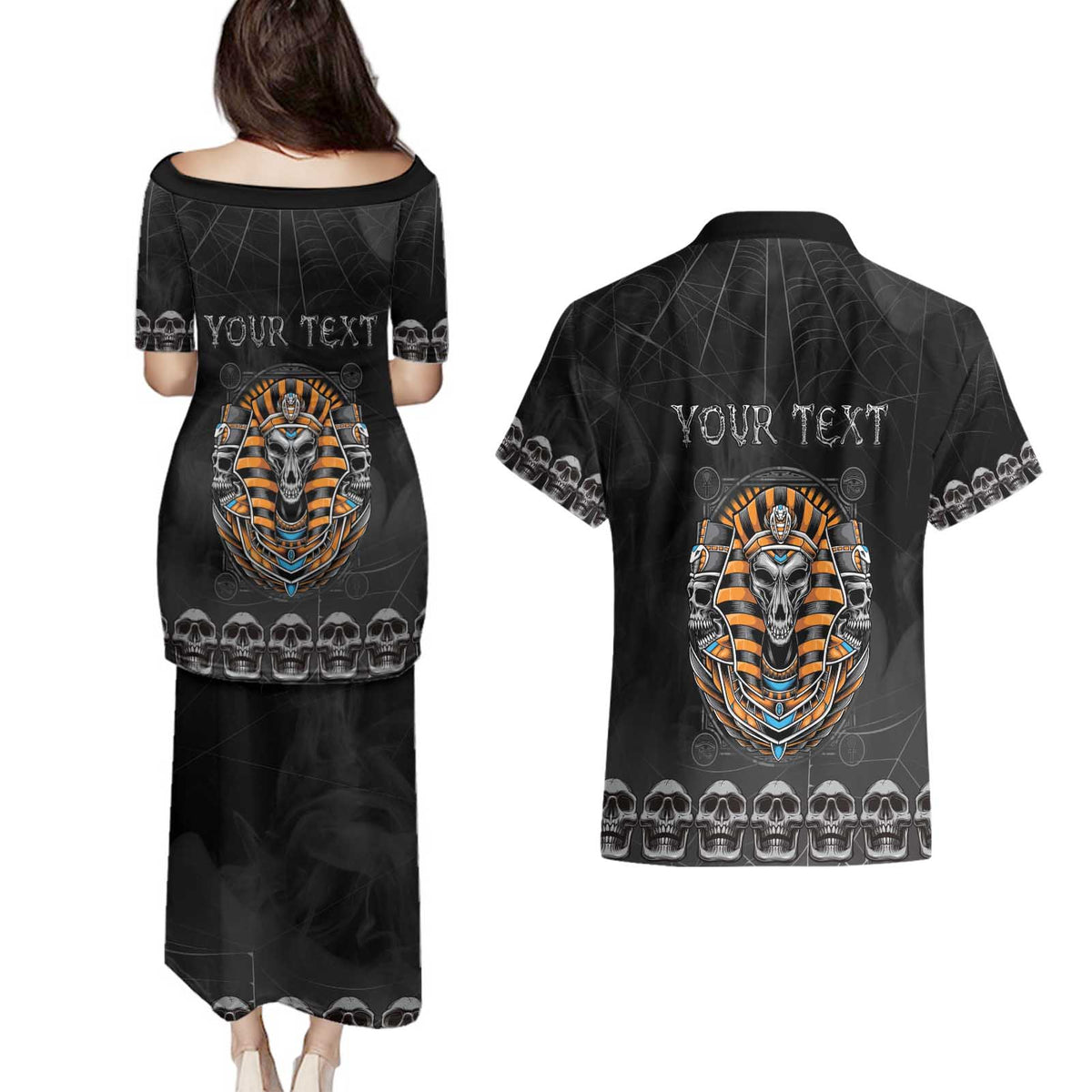 Personalized Halloween Egypt Couples Matching Puletasi and Hawaiian Shirt Skull Anubis - Wonder Print Shop