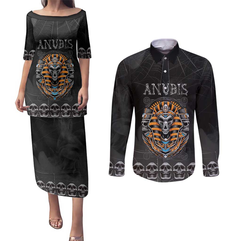 Personalized Halloween Egypt Couples Matching Puletasi and Long Sleeve Button Shirt Skull Anubis - Wonder Print Shop
