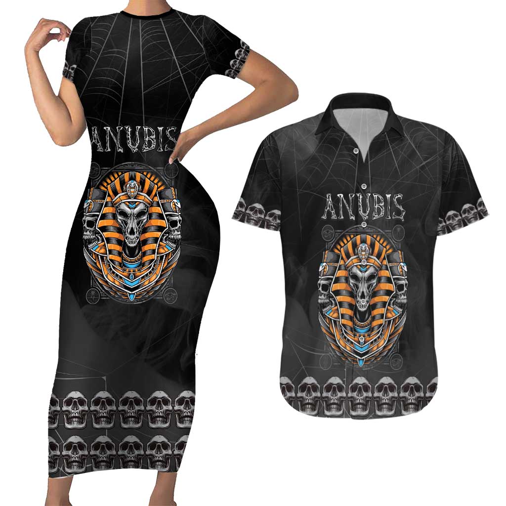 Personalized Halloween Egypt Couples Matching Short Sleeve Bodycon Dress and Hawaiian Shirt Skull Anubis - Wonder Print Shop