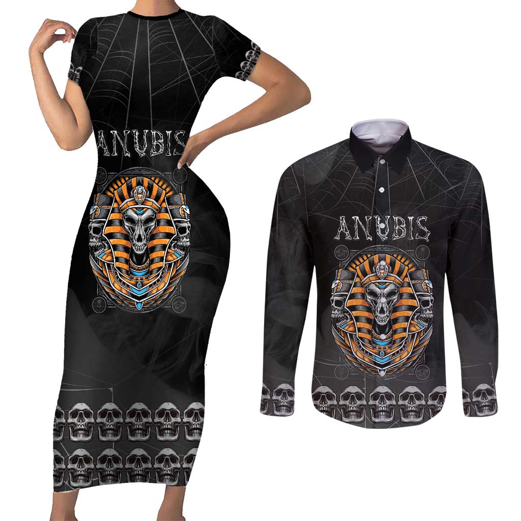Personalized Halloween Egypt Couples Matching Short Sleeve Bodycon Dress and Long Sleeve Button Shirt Skull Anubis - Wonder Print Shop