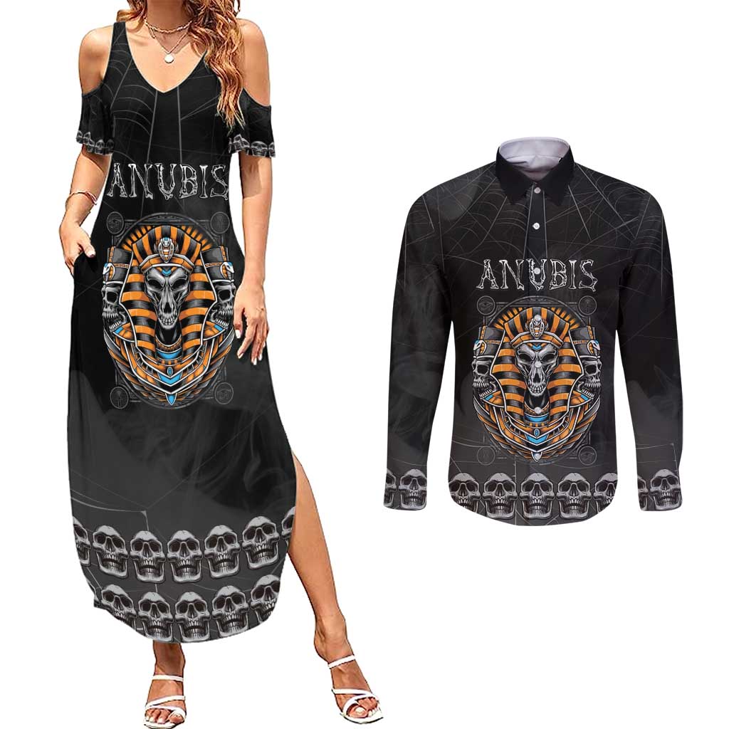 Personalized Halloween Egypt Couples Matching Summer Maxi Dress and Long Sleeve Button Shirt Skull Anubis - Wonder Print Shop