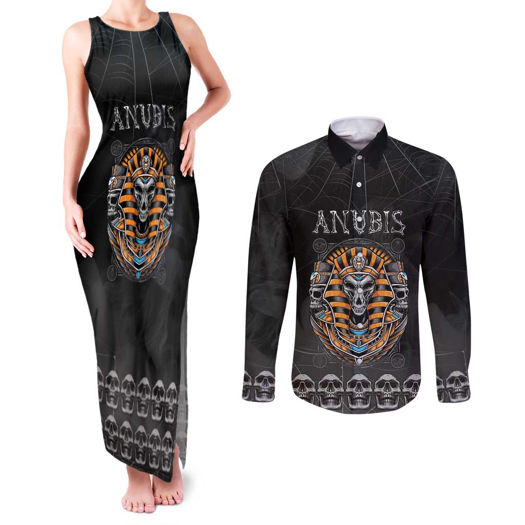 Personalized Halloween Egypt Couples Matching Tank Maxi Dress and Long Sleeve Button Shirt Skull Anubis - Wonder Print Shop