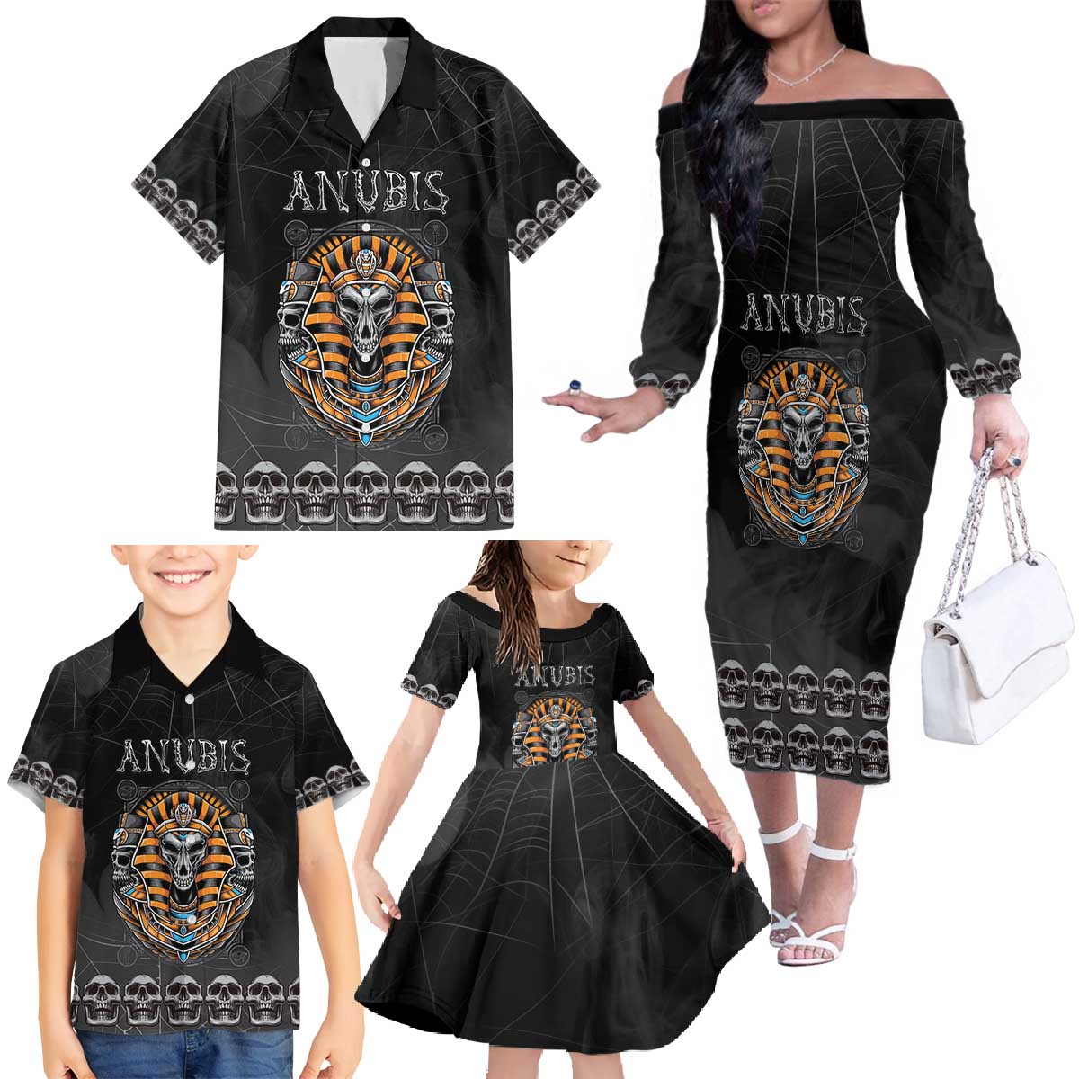 Personalized Halloween Egypt Family Matching Off The Shoulder Long Sleeve Dress and Hawaiian Shirt Skull Anubis - Wonder Print Shop
