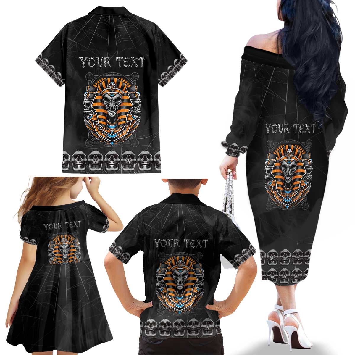 Personalized Halloween Egypt Family Matching Off The Shoulder Long Sleeve Dress and Hawaiian Shirt Skull Anubis - Wonder Print Shop
