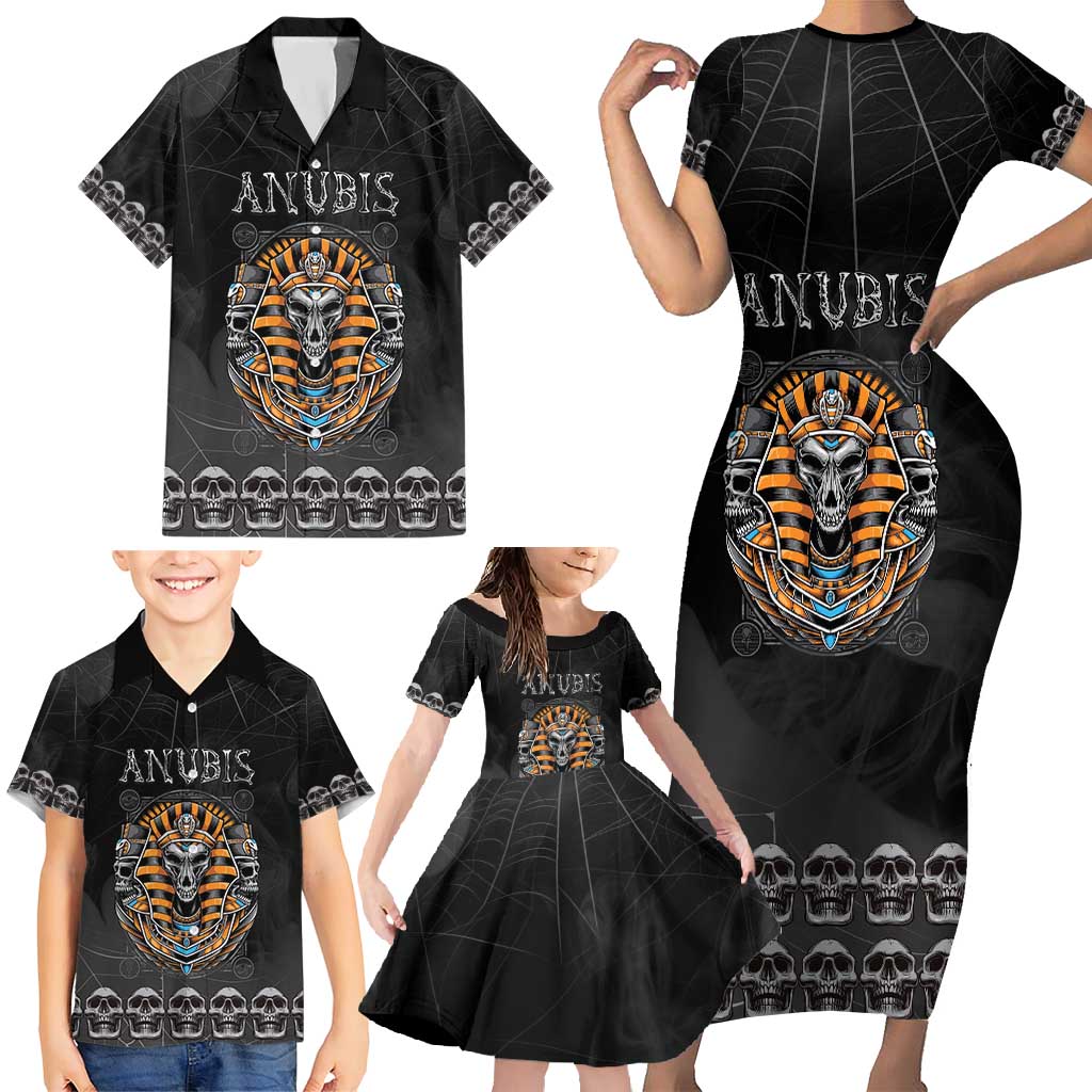 Personalized Halloween Egypt Family Matching Short Sleeve Bodycon Dress and Hawaiian Shirt Skull Anubis - Wonder Print Shop