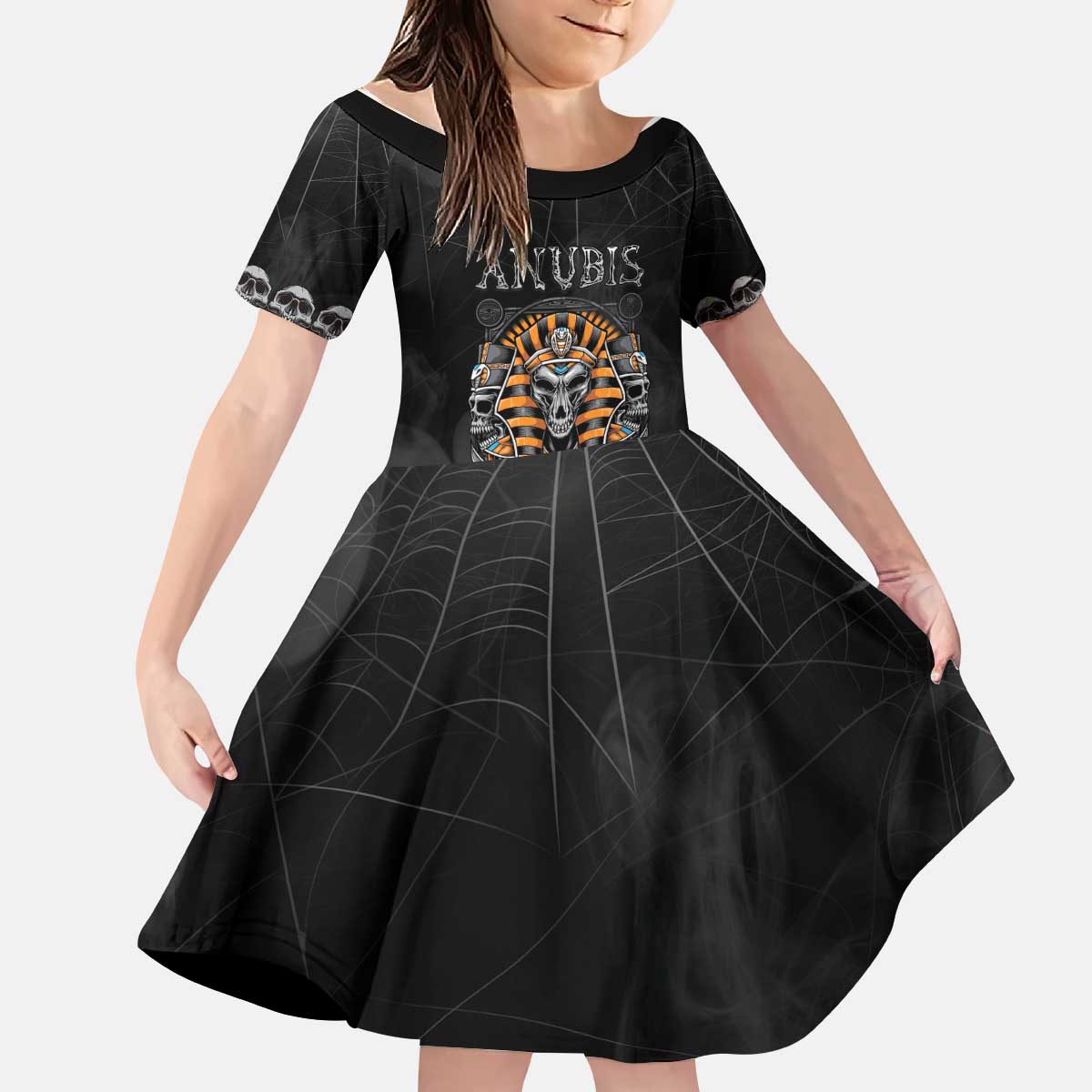 Personalized Halloween Egypt Kid Short Sleeve Dress Skull Anubis - Wonder Print Shop
