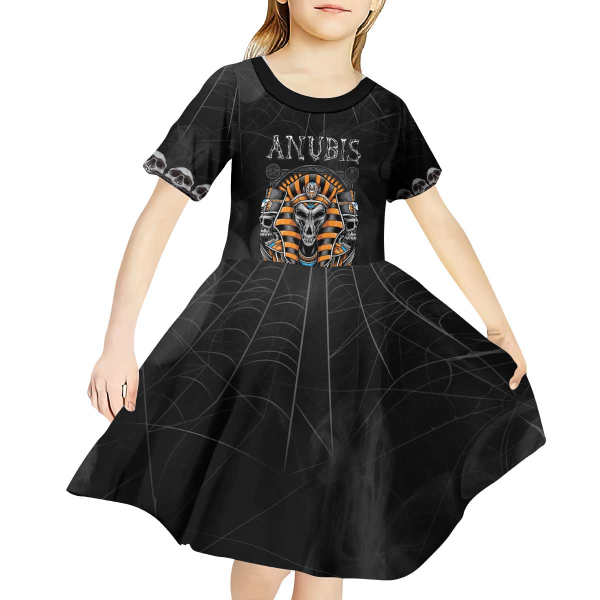 Personalized Halloween Egypt Kid Short Sleeve Dress Skull Anubis - Wonder Print Shop