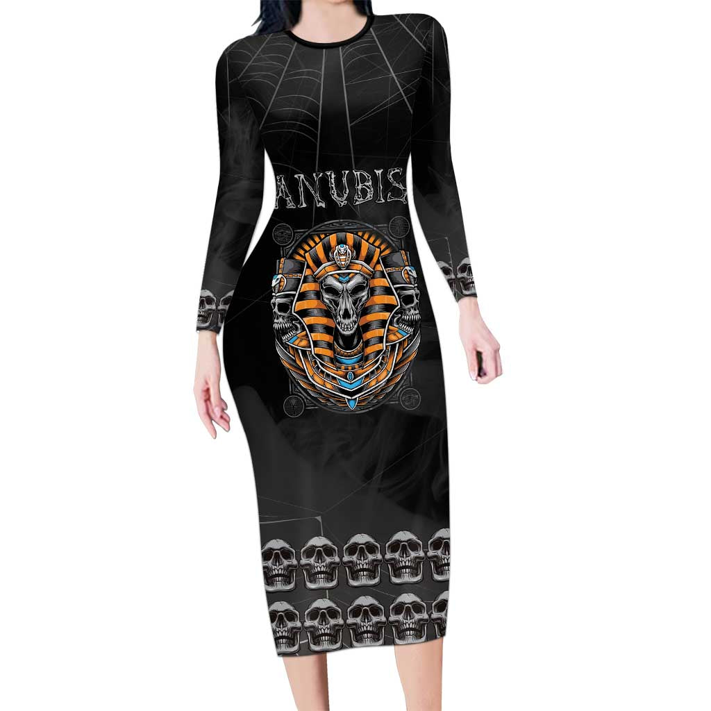 Personalized Halloween Egypt Long Sleeve Bodycon Dress Skull Anubis - Wonder Print Shop