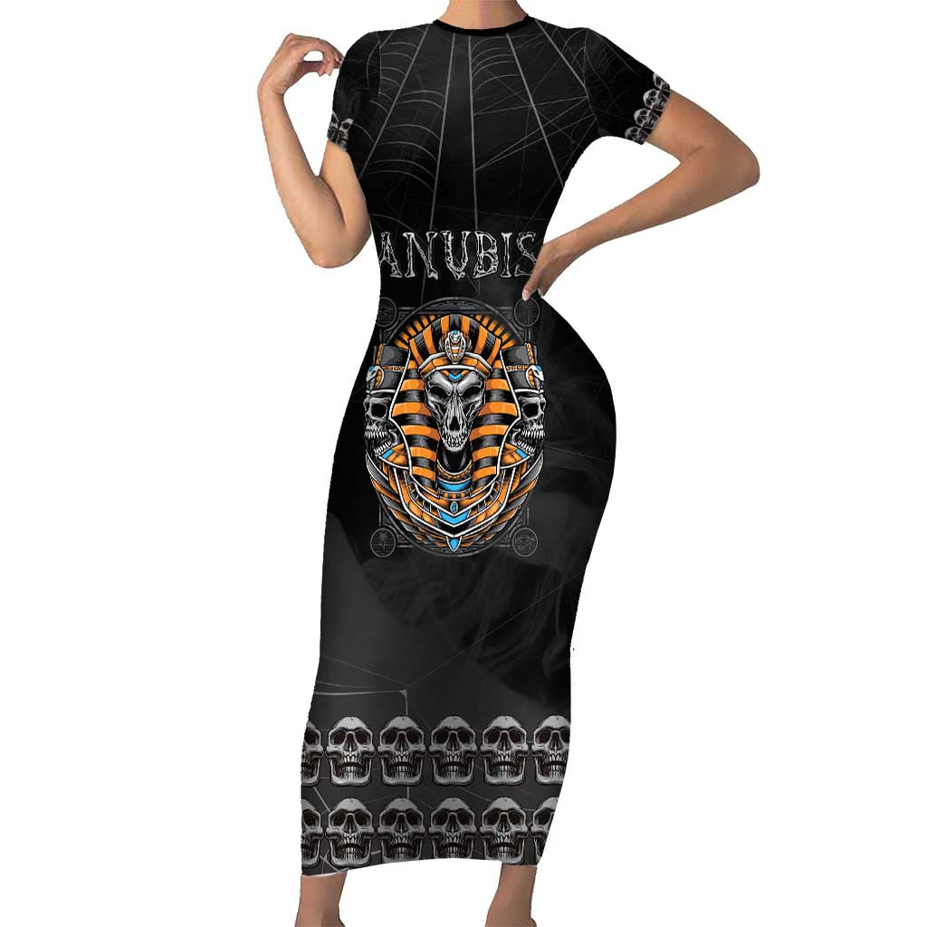 Personalized Halloween Egypt Short Sleeve Bodycon Dress Skull Anubis - Wonder Print Shop