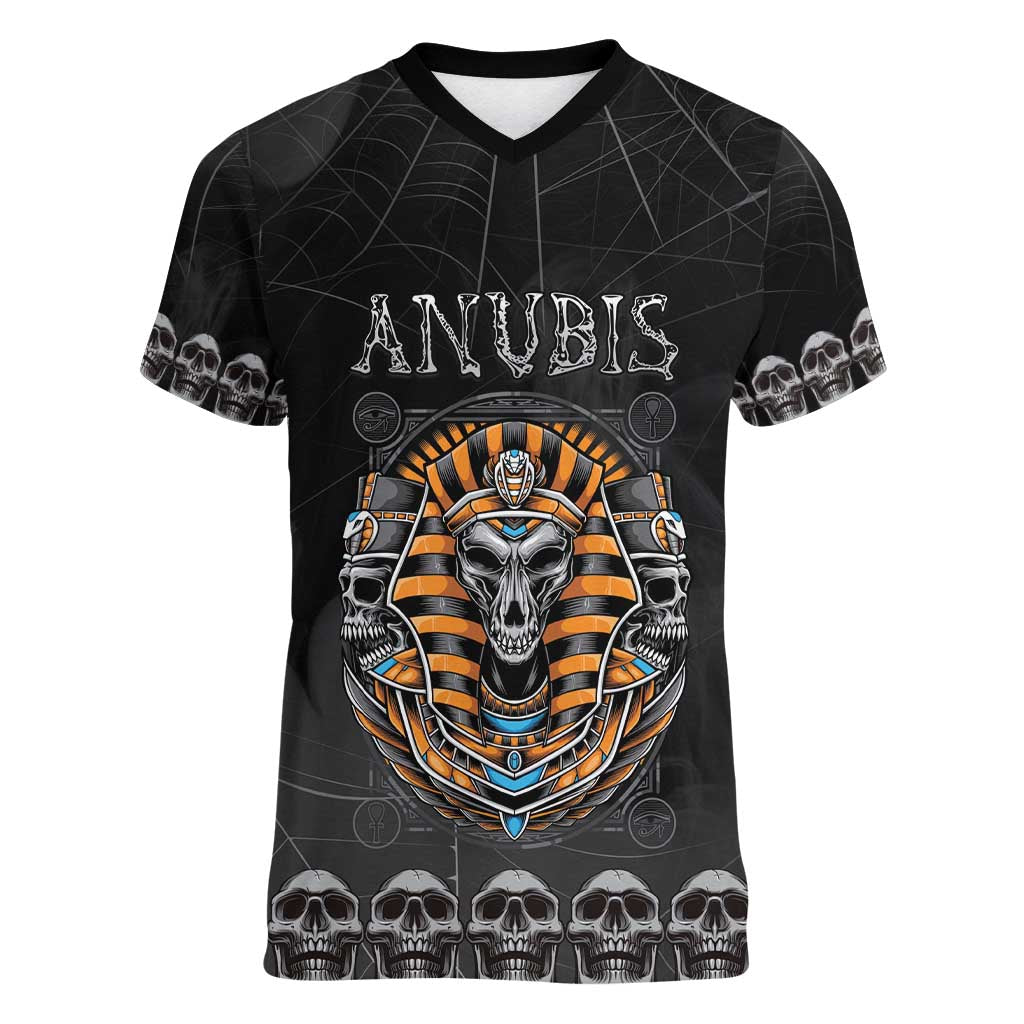 Personalized Halloween Egypt Women V-Neck T-Shirt Skull Anubis - Wonder Print Shop