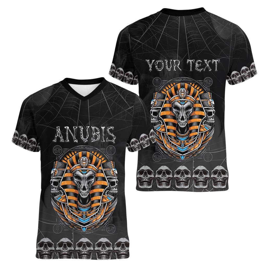 Personalized Halloween Egypt Women V-Neck T-Shirt Skull Anubis - Wonder Print Shop