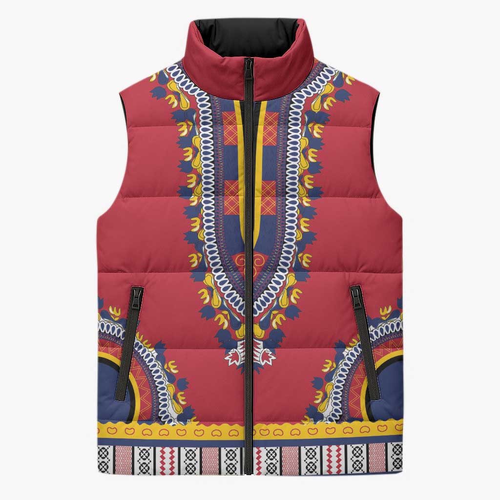 Personalized Liberia Dashiki Sleeveless Puffer Jacket Red Color - Wonder Print Shop