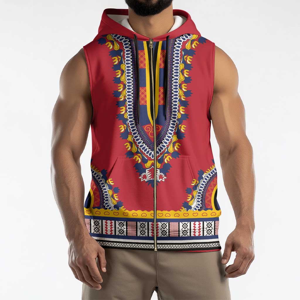 Personalized Liberia Dashiki Sleeveless Zip Hoodie Red Color - Wonder Print Shop