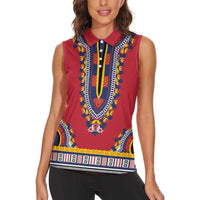 Personalized Liberia Dashiki Women Sleeveless Polo Shirt Red Color - Wonder Print Shop