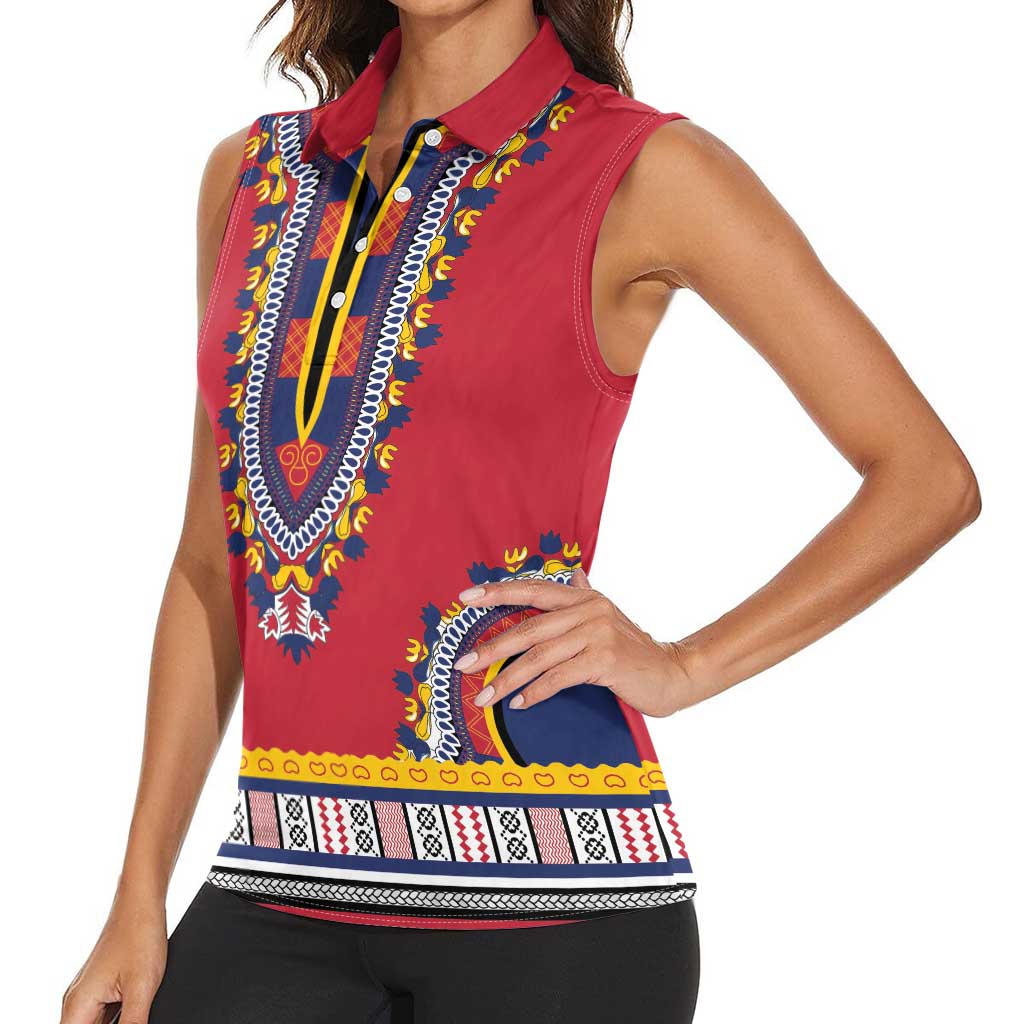 Personalized Liberia Dashiki Women Sleeveless Polo Shirt Red Color - Wonder Print Shop