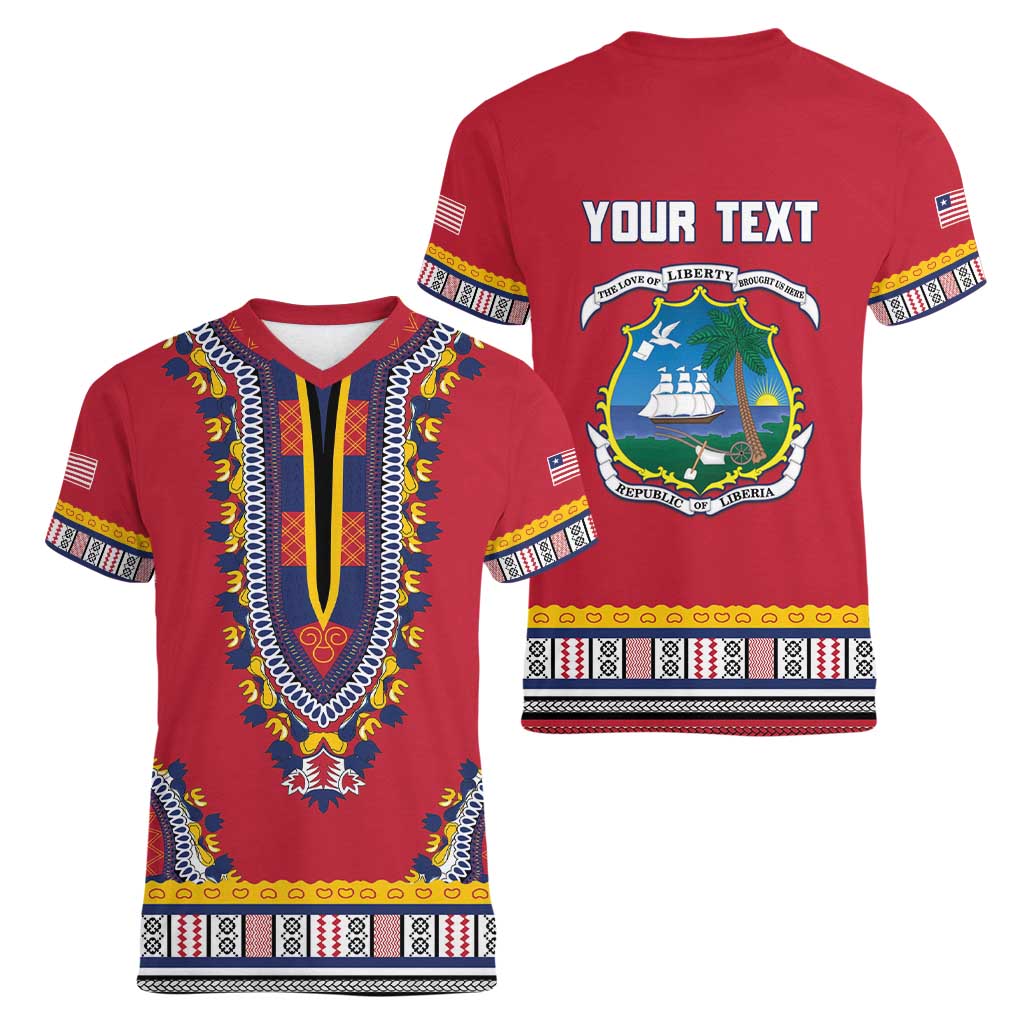 Personalized Liberia Dashiki Women V-Neck T-Shirt Red Color - Wonder Print Shop