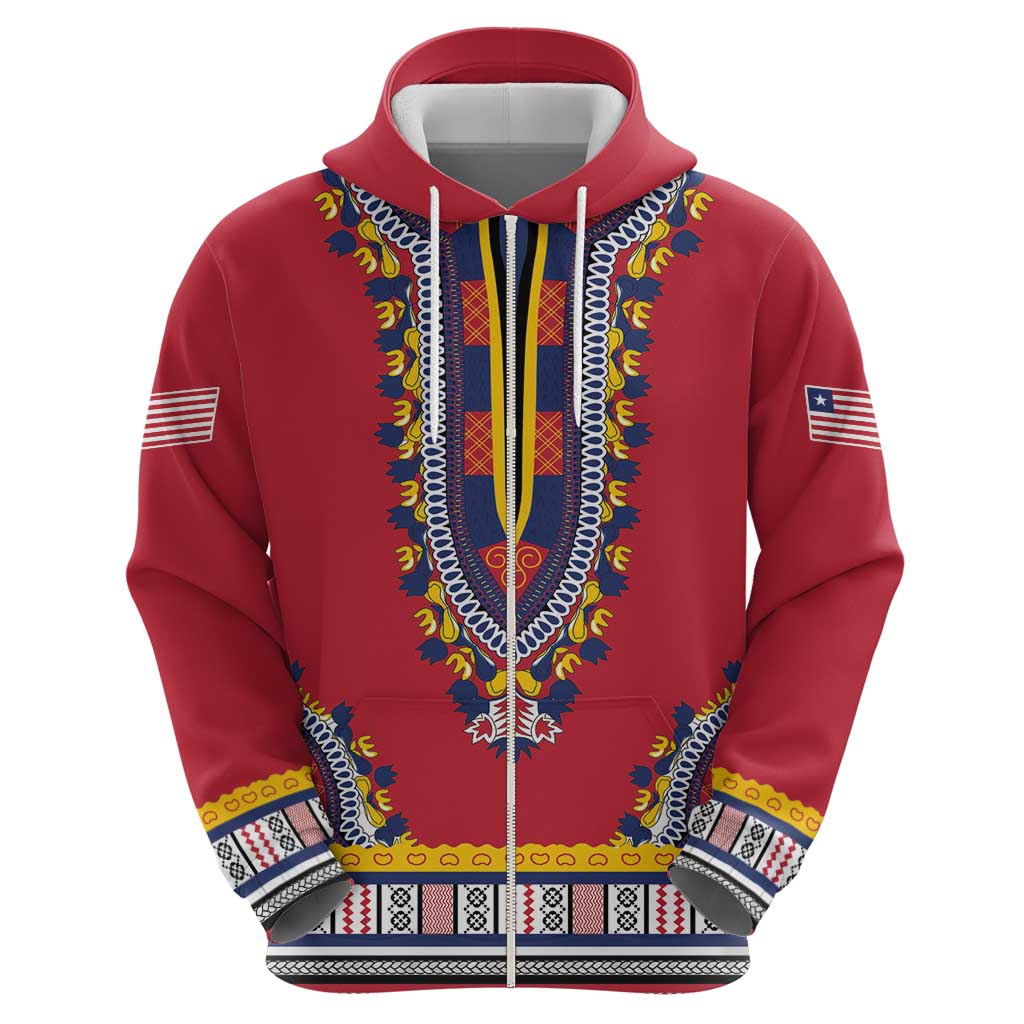 Personalized Liberia Dashiki Zip Hoodie Red Color - Wonder Print Shop