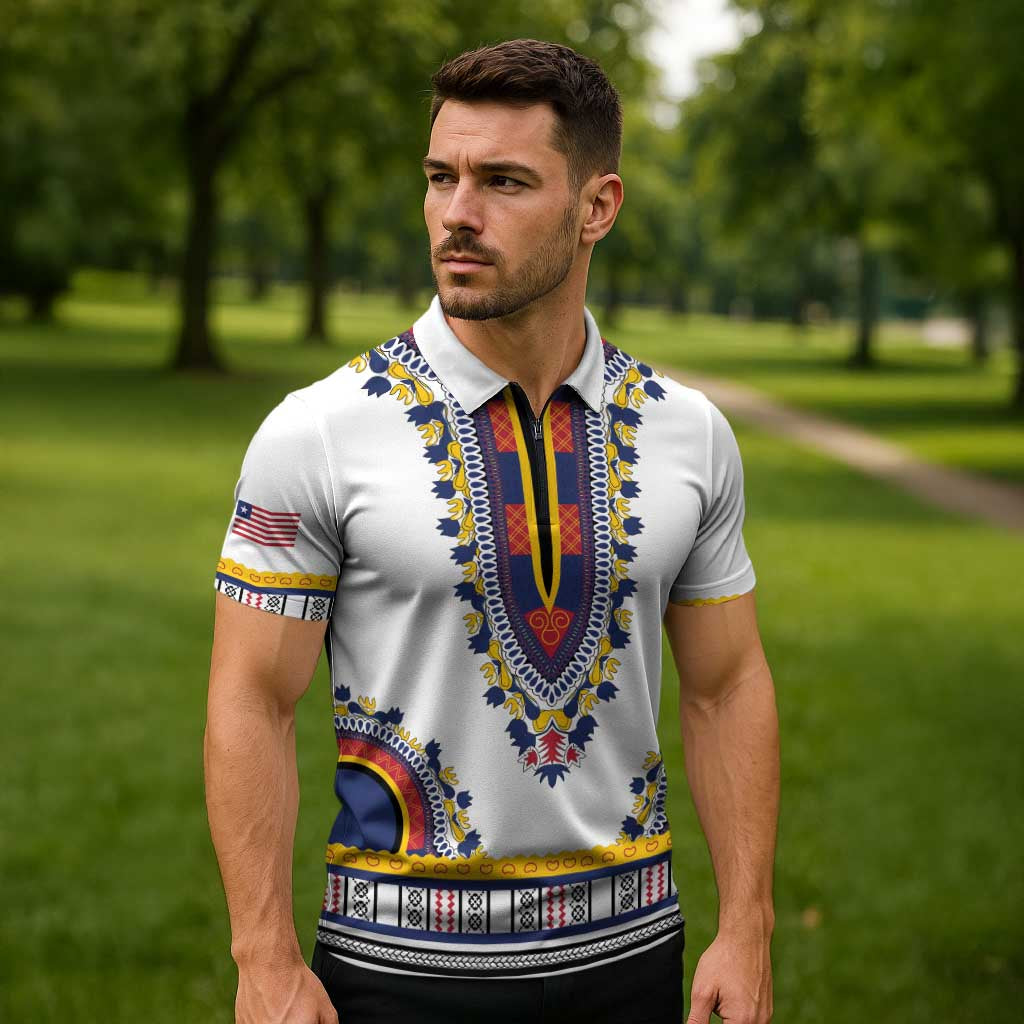 Personalized Liberia Dashiki Zipper Polo Shirt White Color - Wonder Print Shop