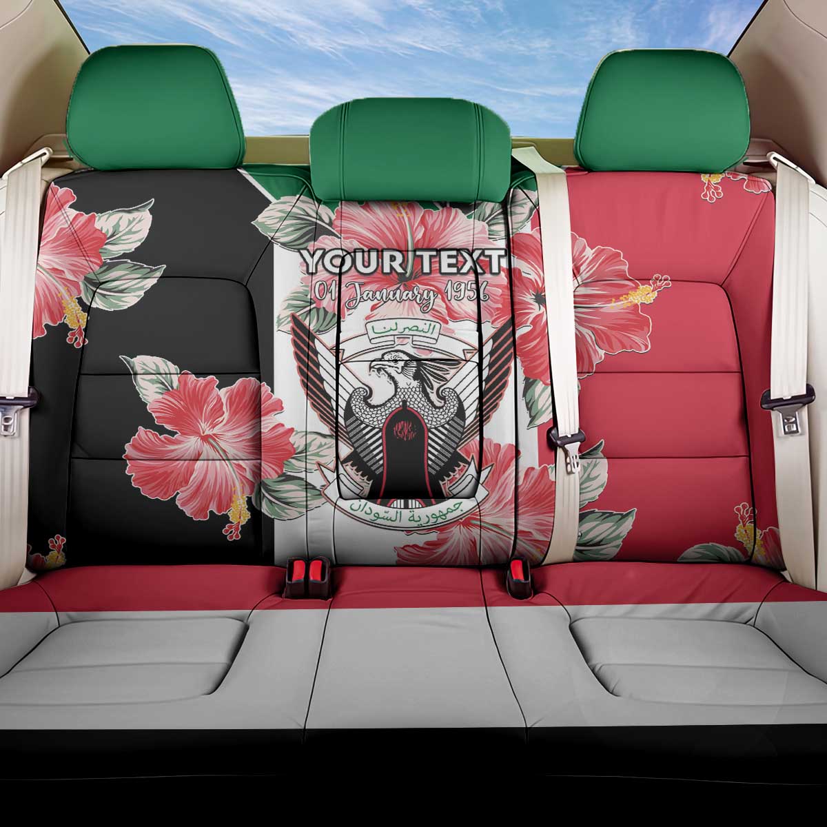 Personalised Sudan Independence Day Back Car Seat Cover Coat Of Arms Mix Hisbicus - Wonder Print Shop