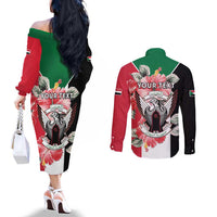 Personalised Sudan Independence Day Couples Matching Off The Shoulder Long Sleeve Dress and Long Sleeve Button Shirt Coat Of Arms Mix Hisbicus