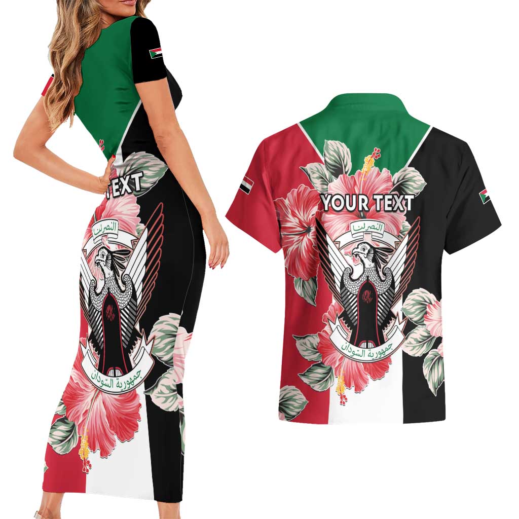 Personalised Sudan Independence Day Couples Matching Short Sleeve Bodycon Dress and Hawaiian Shirt Coat Of Arms Mix Hisbicus - Wonder Print Shop