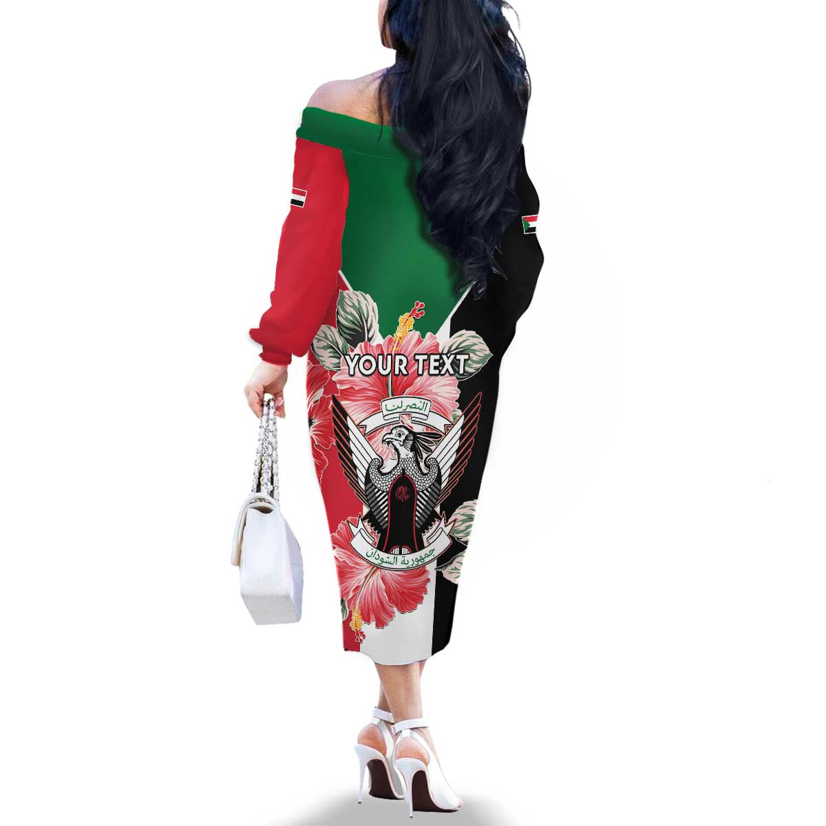 Personalised Sudan Independence Day Family Matching Off The Shoulder Long Sleeve Dress and Hawaiian Shirt Coat Of Arms Mix Hisbicus - Wonder Print Shop