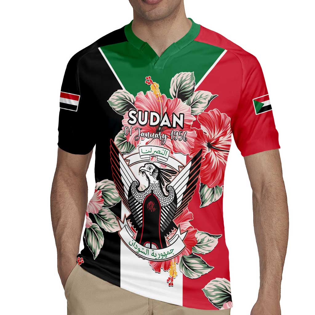 Personalised Sudan Independence Day Rugby Jersey Coat Of Arms Mix Hisbicus - Wonder Print Shop