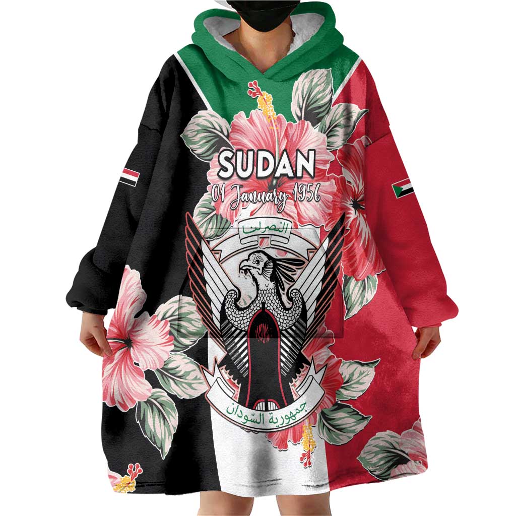 Personalised Sudan Independence Day Wearable Blanket Hoodie Coat Of Arms Mix Hisbicus - Wonder Print Shop