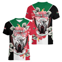 Personalised Sudan Independence Day Women V-Neck T-Shirt Coat Of Arms Mix Hisbicus - Wonder Print Shop