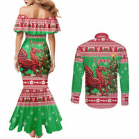 Wales Christmas Couples Matching Mermaid Dress and Long Sleeve Button Shirt Welsh Dragon Nadolig Llawen