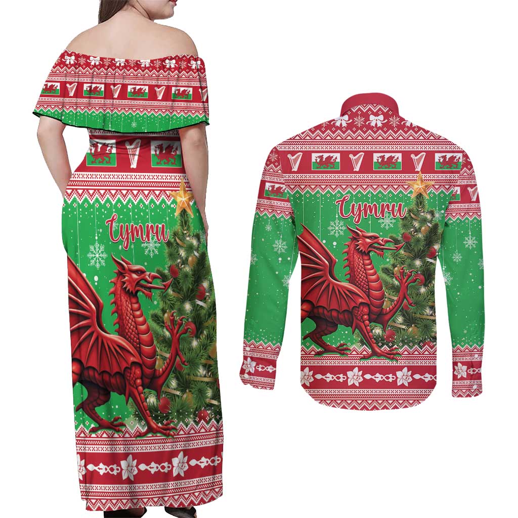 Wales Christmas Couples Matching Off Shoulder Maxi Dress and Long Sleeve Button Shirt Welsh Dragon Nadolig Llawen - Wonder Print Shop