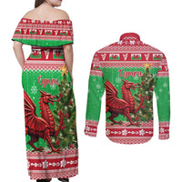 Wales Christmas Couples Matching Off Shoulder Maxi Dress and Long Sleeve Button Shirt Welsh Dragon Nadolig Llawen - Wonder Print Shop