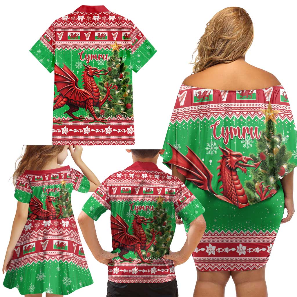 Wales Christmas Family Matching Off Shoulder Short Dress and Hawaiian Shirt Welsh Dragon Nadolig Llawen - Wonder Print Shop