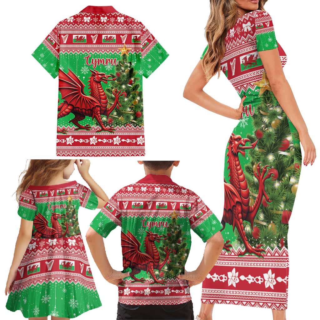 Wales Christmas Family Matching Short Sleeve Bodycon Dress and Hawaiian Shirt Welsh Dragon Nadolig Llawen - Wonder Print Shop