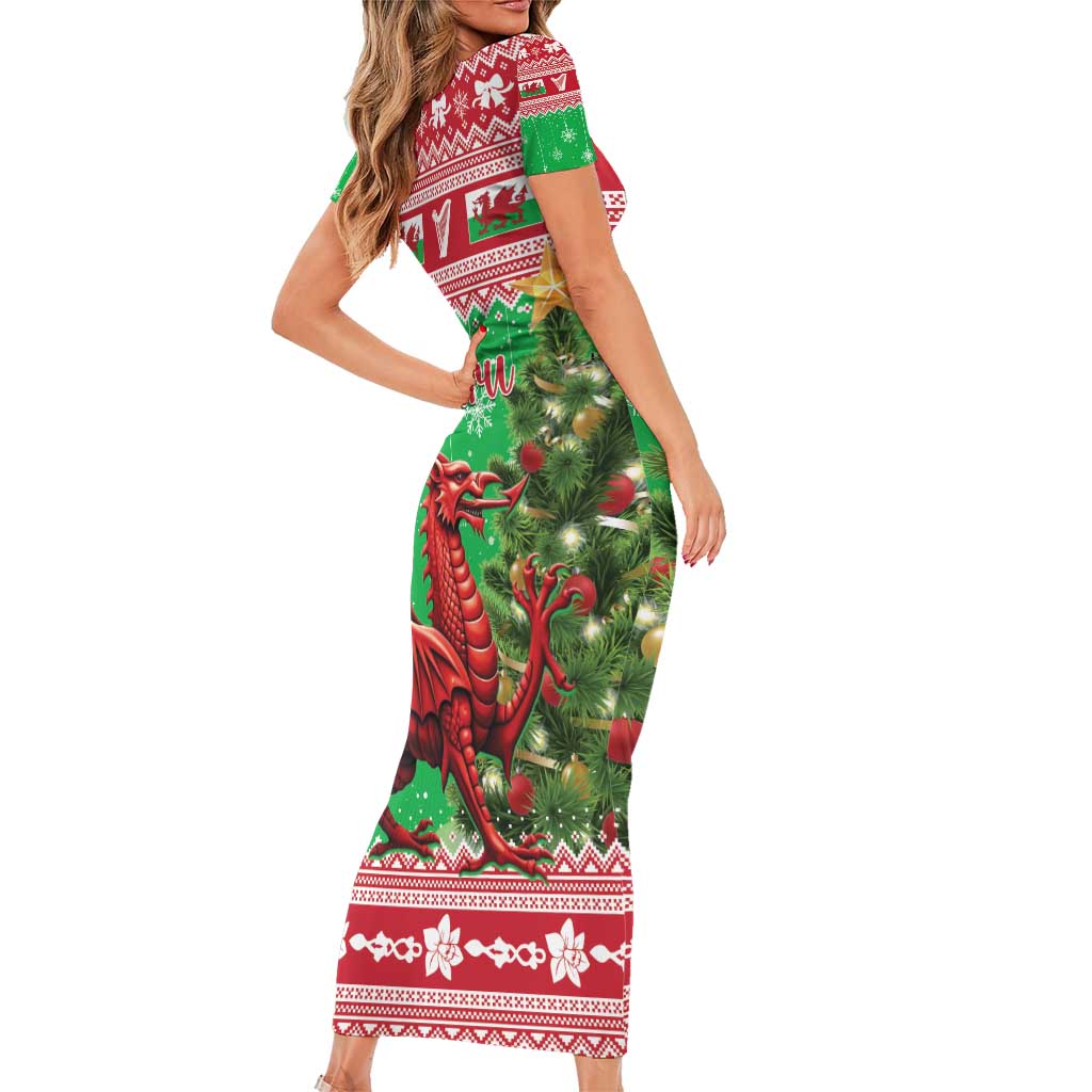 Wales Christmas Family Matching Short Sleeve Bodycon Dress and Hawaiian Shirt Welsh Dragon Nadolig Llawen - Wonder Print Shop