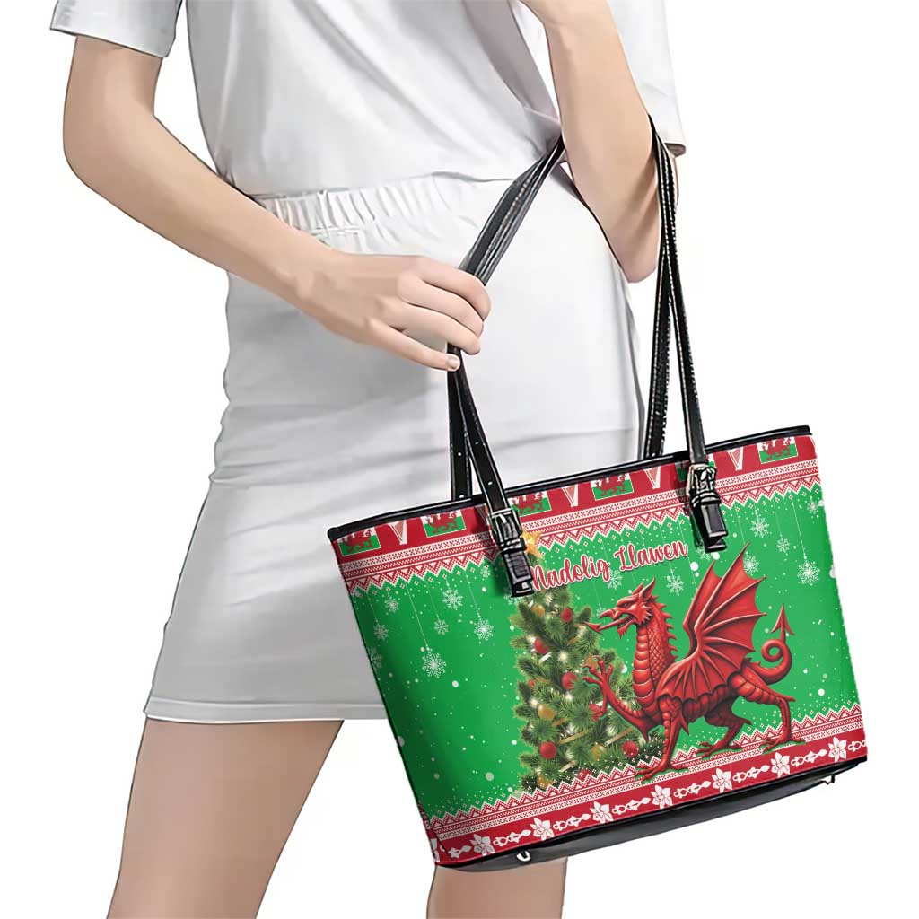 Wales Christmas Leather Tote Bag Welsh Dragon Nadolig Llawen - Wonder Print Shop