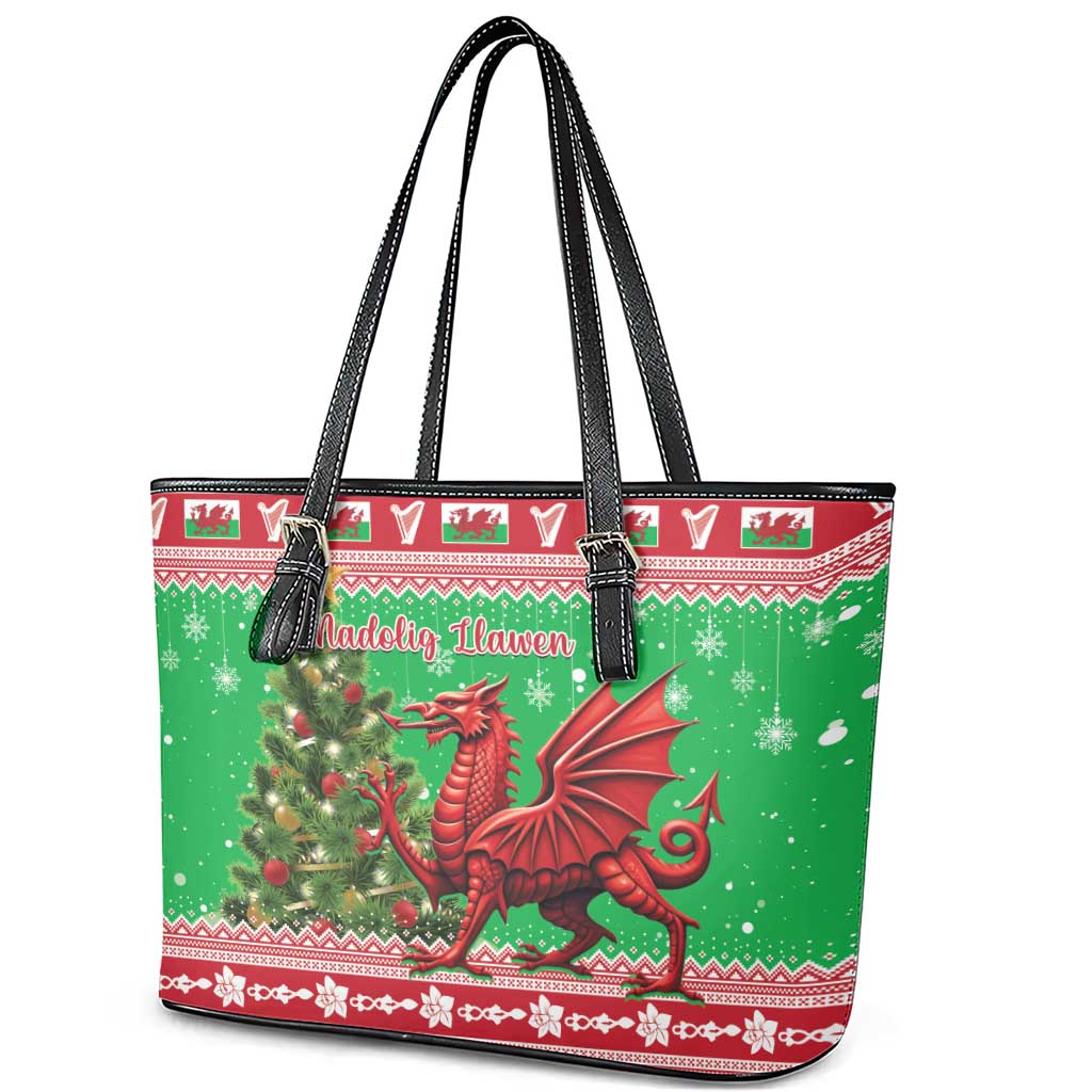 Wales Christmas Leather Tote Bag Welsh Dragon Nadolig Llawen - Wonder Print Shop