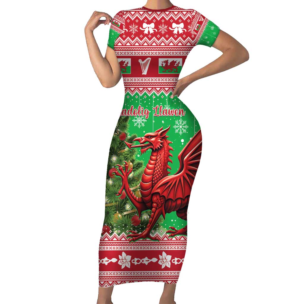 Wales Christmas Short Sleeve Bodycon Dress Welsh Dragon Nadolig Llawen - Wonder Print Shop
