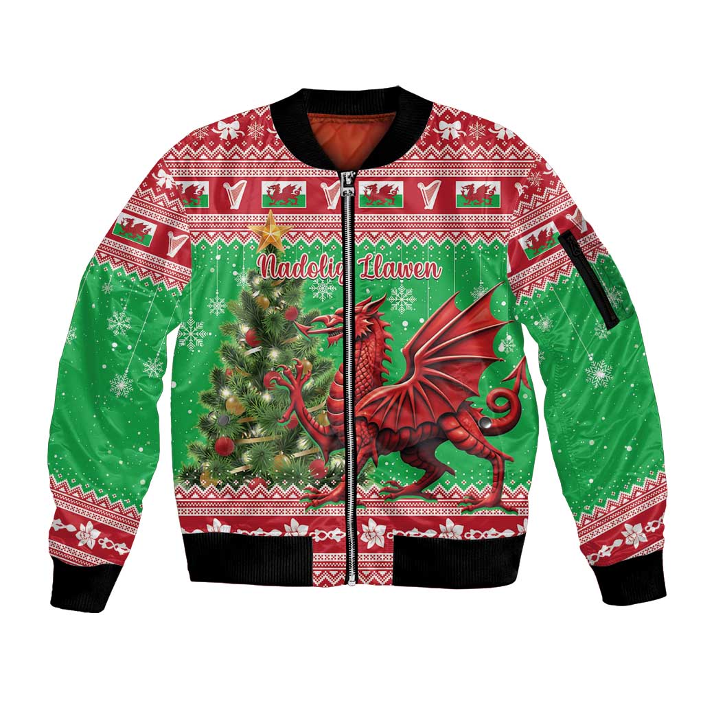 Wales Christmas Sleeve Zip Bomber Jacket Welsh Dragon Nadolig Llawen - Wonder Print Shop