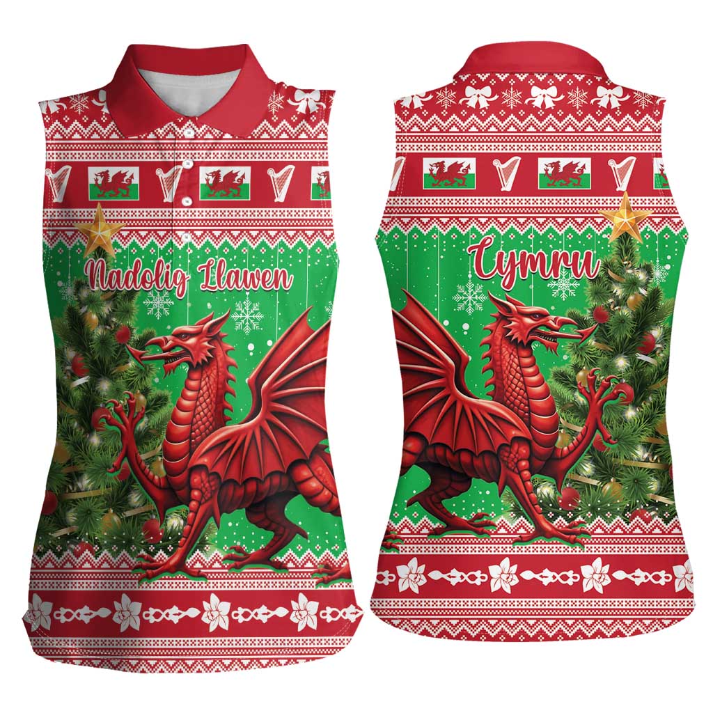Wales Christmas Women Sleeveless Polo Shirt Welsh Dragon Nadolig Llawen - Wonder Print Shop