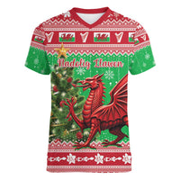 Wales Christmas Women V-Neck T-Shirt Welsh Dragon Nadolig Llawen - Wonder Print Shop
