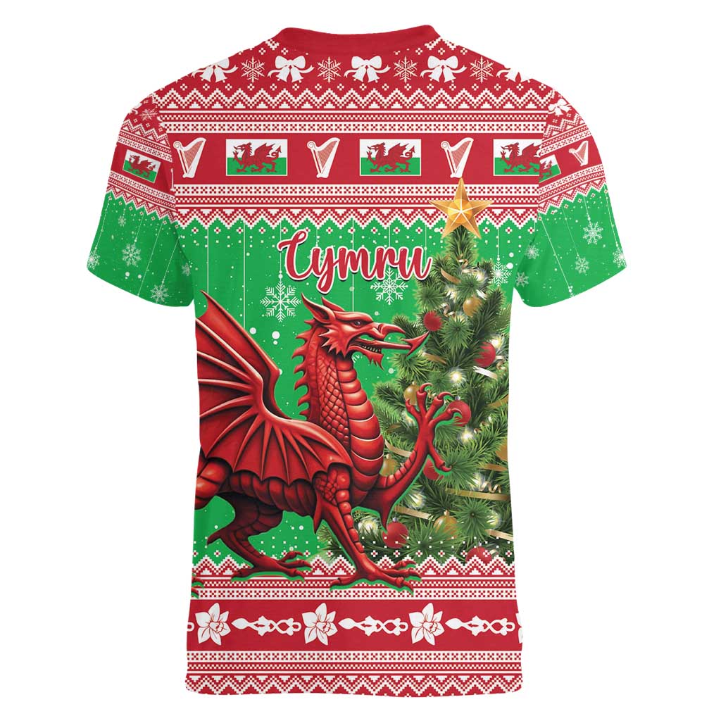 Wales Christmas Women V-Neck T-Shirt Welsh Dragon Nadolig Llawen - Wonder Print Shop