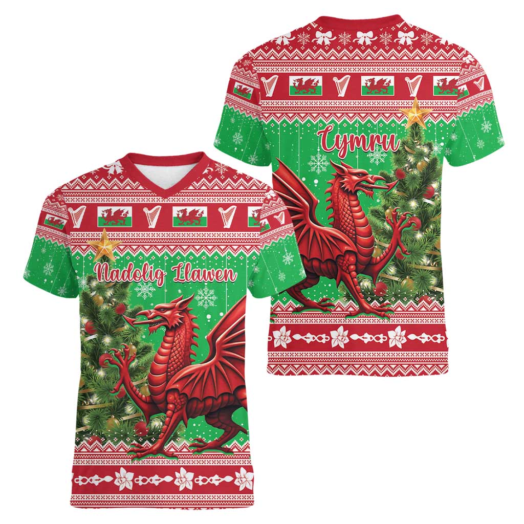 Wales Christmas Women V-Neck T-Shirt Welsh Dragon Nadolig Llawen - Wonder Print Shop
