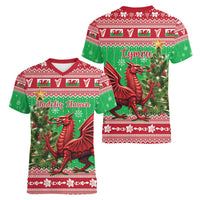 Wales Christmas Women V-Neck T-Shirt Welsh Dragon Nadolig Llawen - Wonder Print Shop