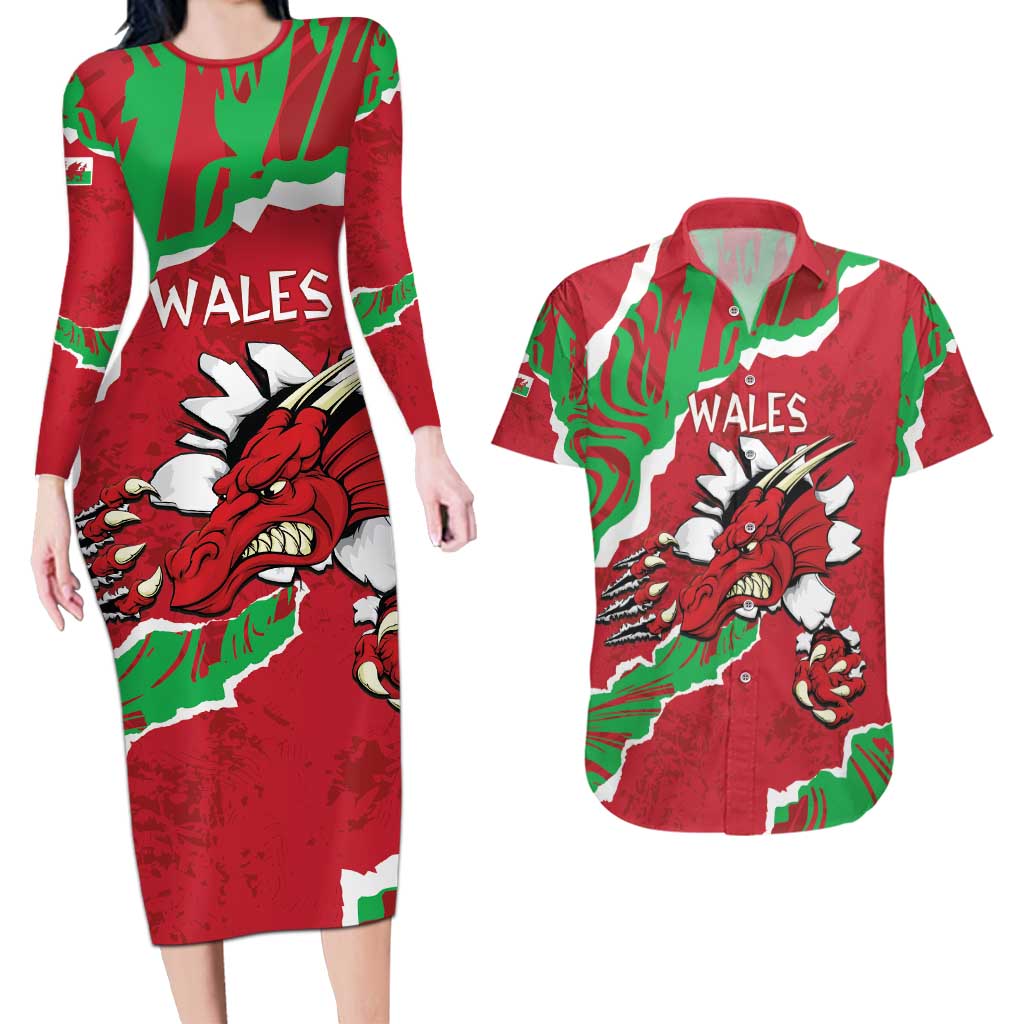 Personalised Wales Couples Matching Long Sleeve Bodycon Dress and Hawaiian Shirt Welsh Dragon - Wonder Print Shop