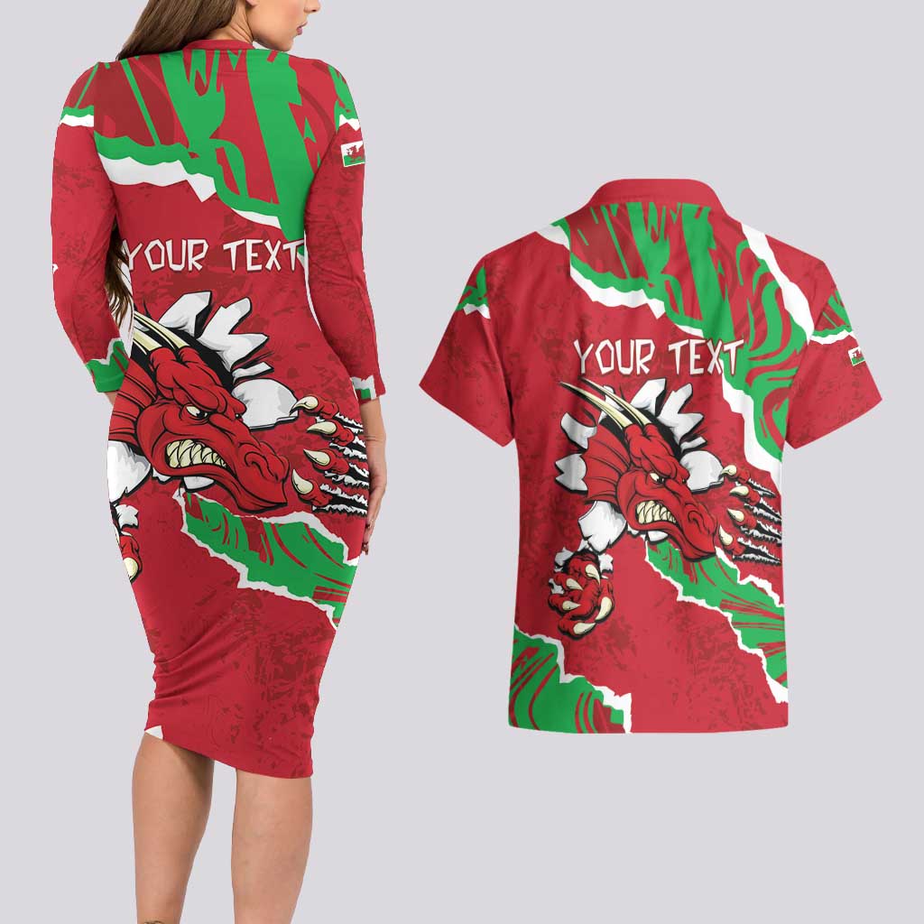 Personalised Wales Couples Matching Long Sleeve Bodycon Dress and Hawaiian Shirt Welsh Dragon - Wonder Print Shop